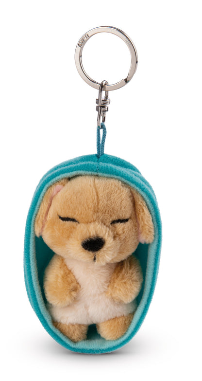 Chien 8 cm caramel, panier bleu