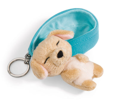 Chien 8 cm caramel, panier bleu