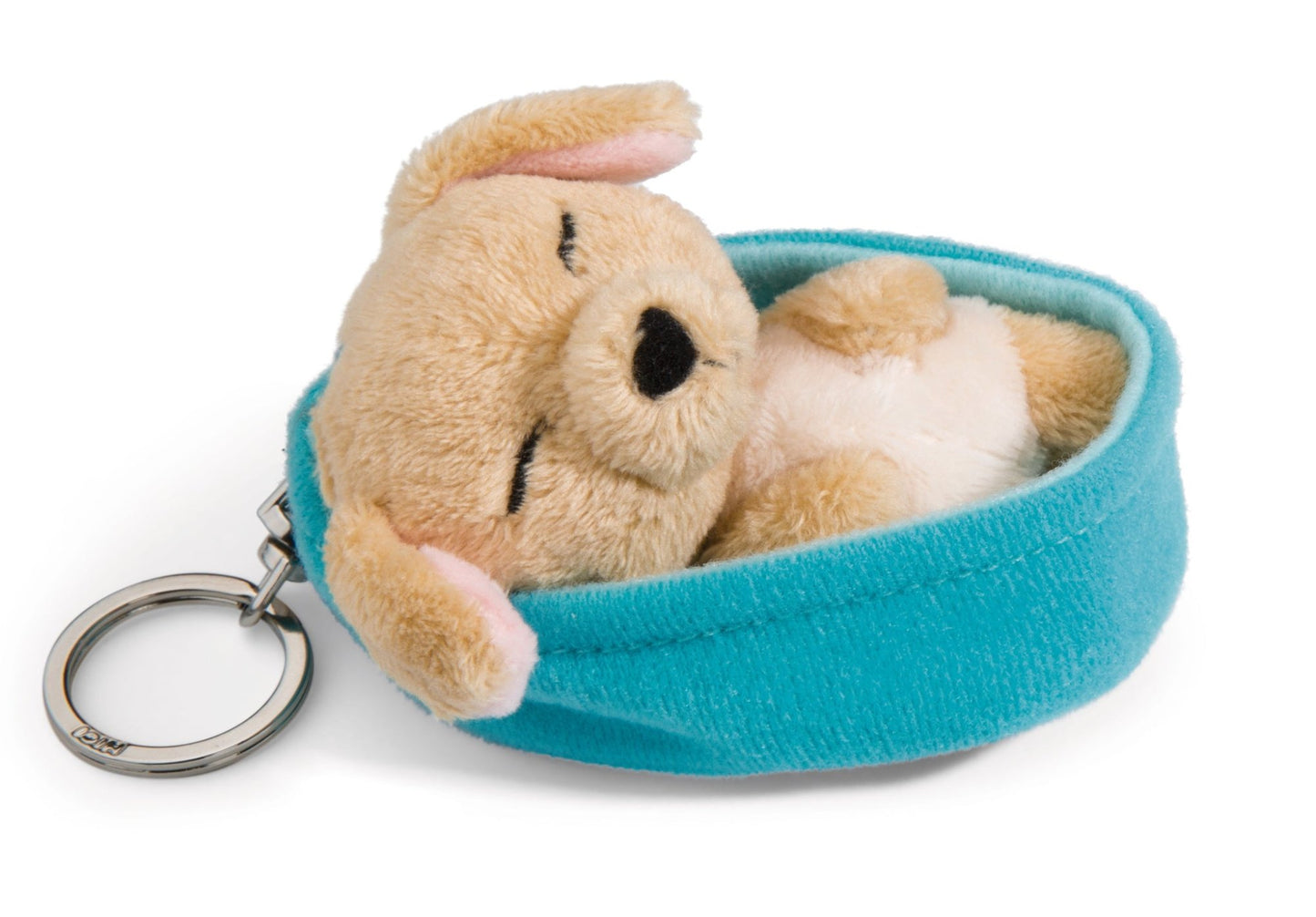 Chien 8 cm caramel, panier bleu