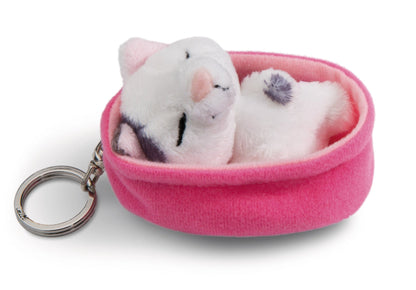 Chat tacheté 8 cm, panier rose